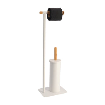 Metal and Bamboo Toilet Brush and Toilet Paper Dispenser – White/Natural