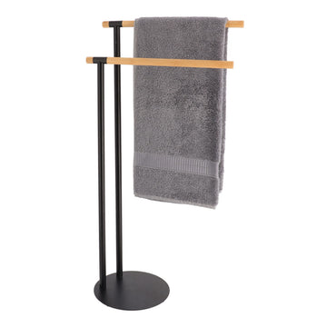 Metal towel rack with 2 bamboo bars - Black/Bamboo