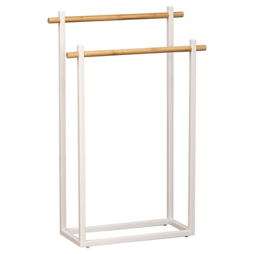 Rectangular metal towel rack with 2 bamboo bars - White/Bamboo