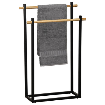 Rectangular metal towel rack with 2 bamboo bars - Black/Bamboo
