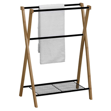 Bamboo and metal towel rack with 3 bars and 1 shelf - Black/Bamboo