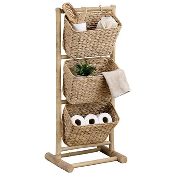 Bamboo cane shelf with water hyacinth baskets, to be assembled - Bamboo