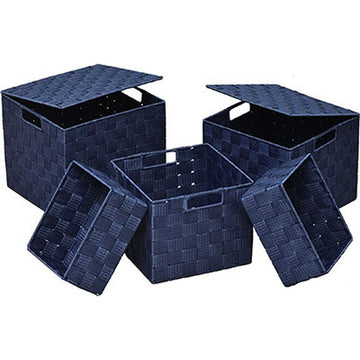 Set of 5 Square Polyester Storage Baskets - Navy Blue