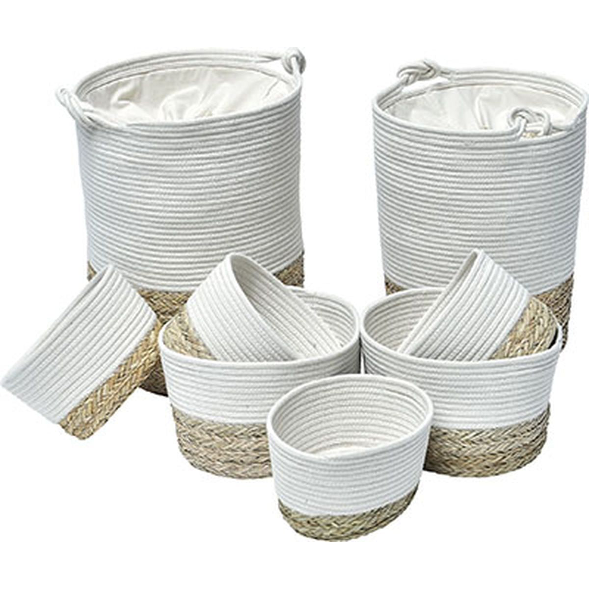 Set of 8 Cotton/Seagrass Baskets - White/Natural