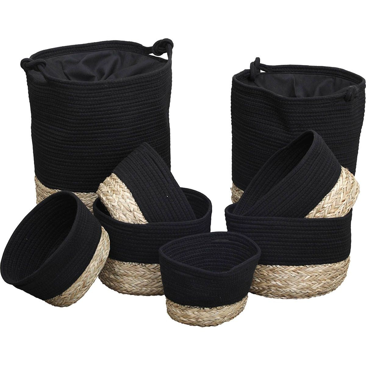 Set of 8 Cotton/Seagrass Baskets - Black/Natural
