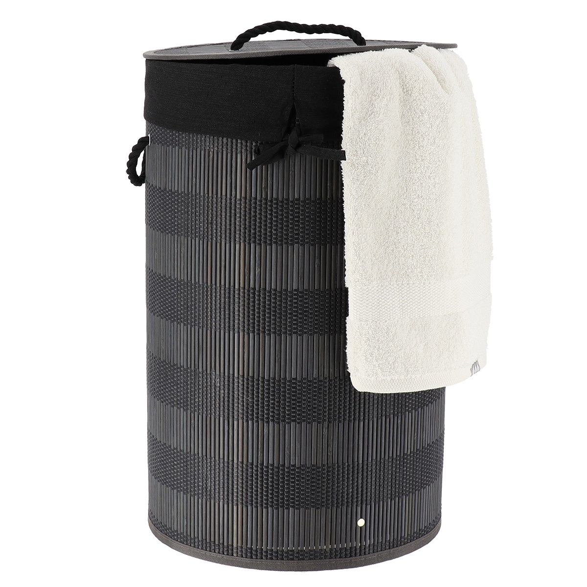 Foldable bamboo and cotton laundry basket with lid - Black/Grey 