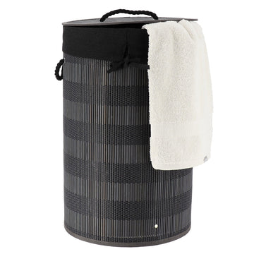Foldable bamboo and cotton laundry basket with lid - Black/Grey 