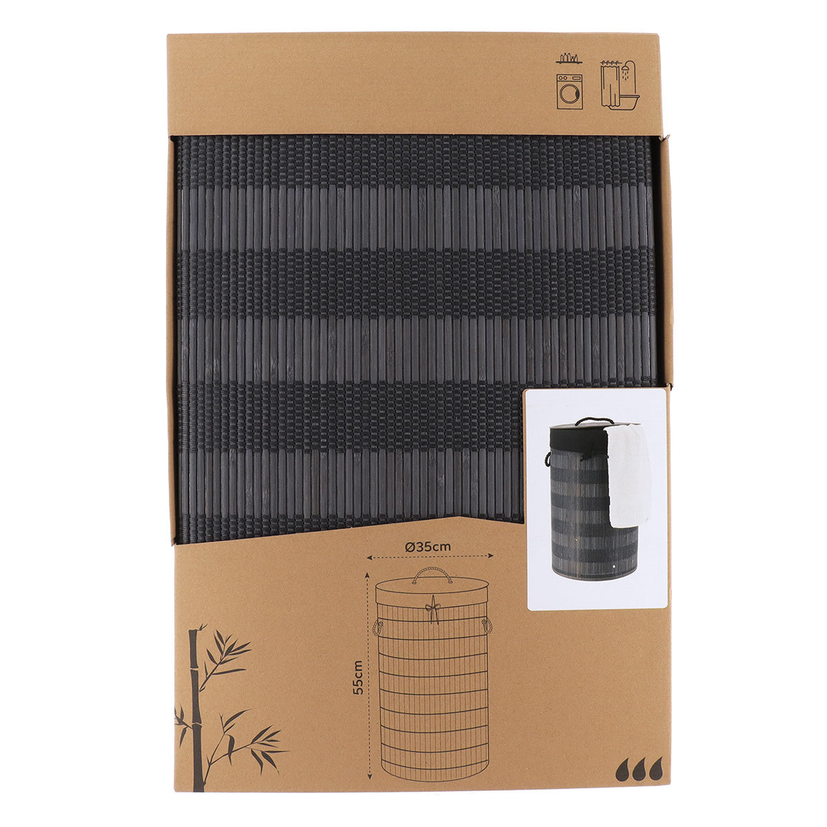 Foldable bamboo and cotton laundry basket with lid - Black/Grey 