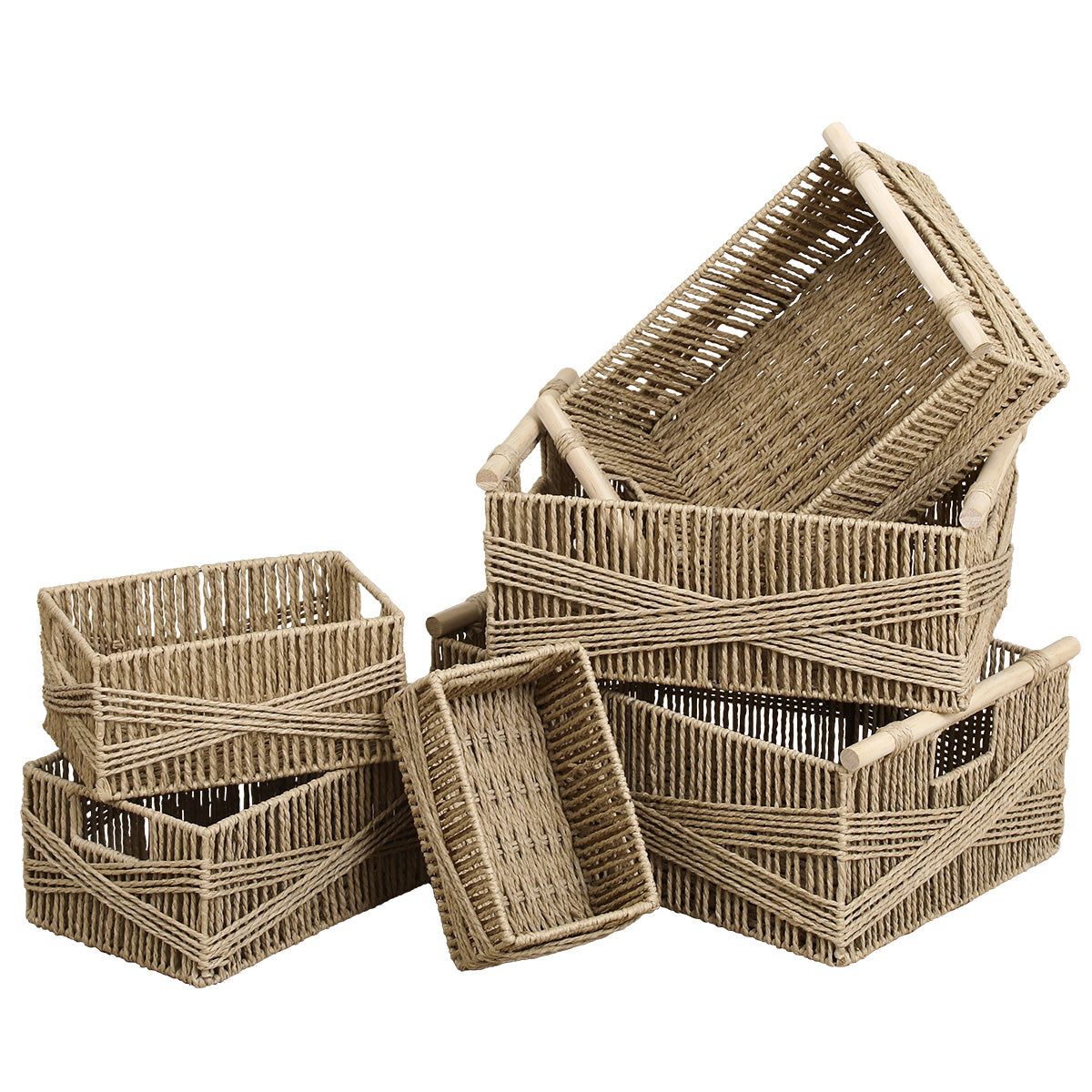Set of 6 Paper Baskets with Wooden Handles - Natural