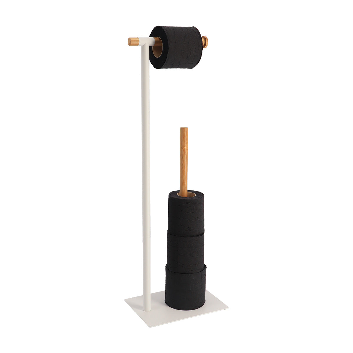Toilet paper dispenser and toilet paper refill made of metal and bamboo - White/bamboo