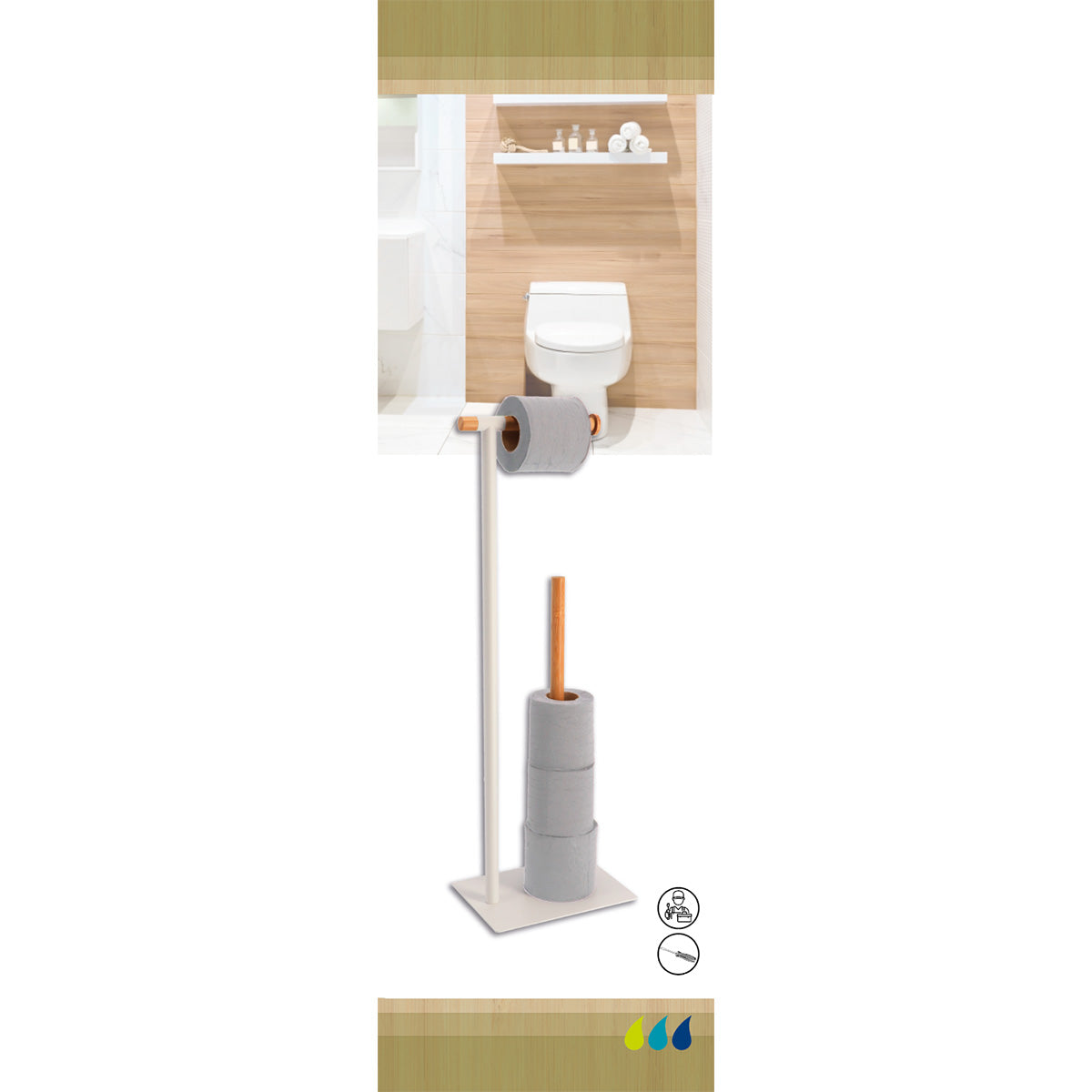 Toilet paper dispenser and toilet paper refill made of metal and bamboo - White/bamboo