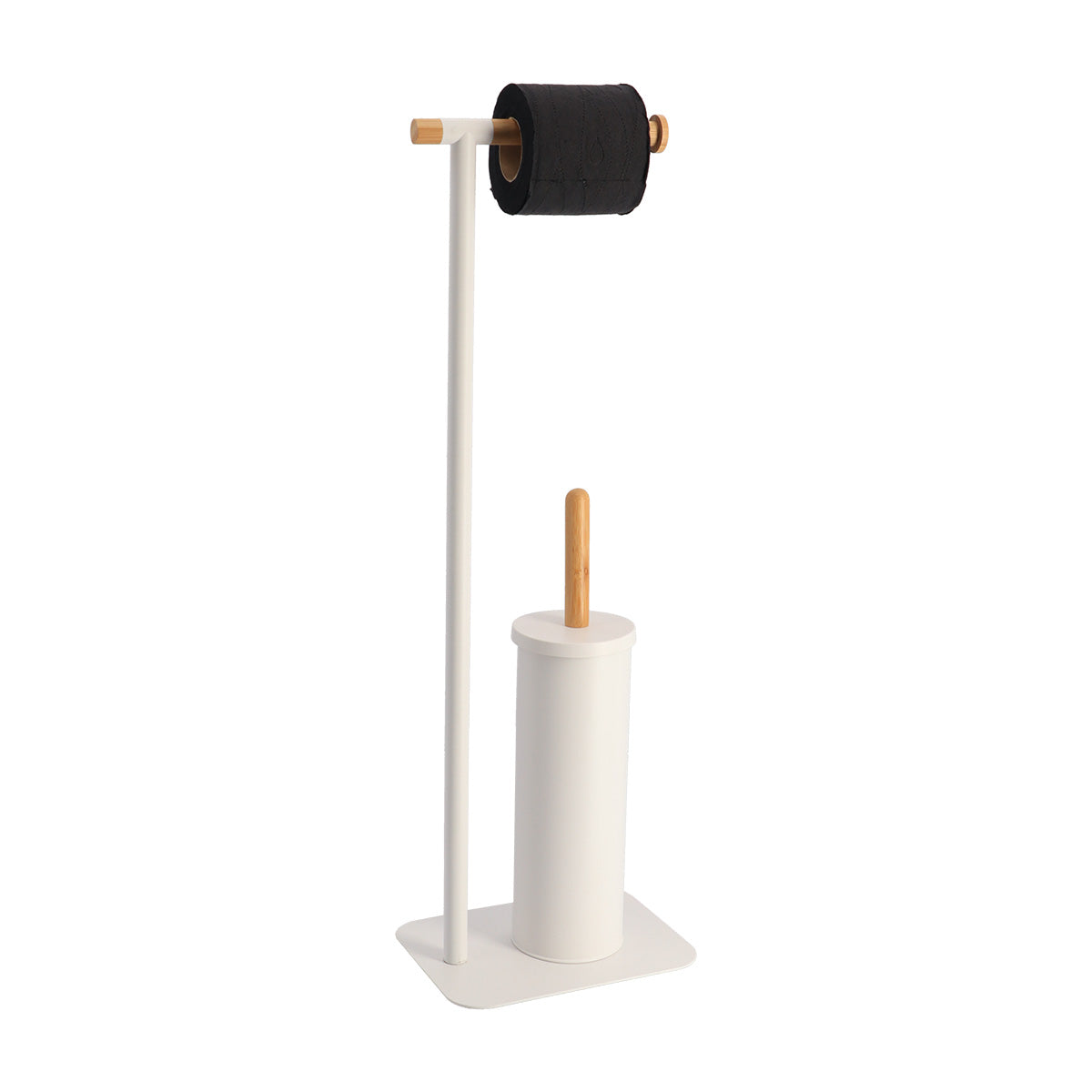 Metal and Bamboo Toilet Brush and Toilet Paper Dispenser – White/Natural