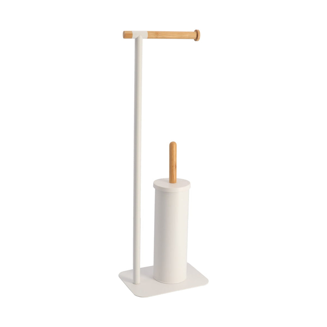 Metal and Bamboo Toilet Brush and Toilet Paper Dispenser – White/Natural