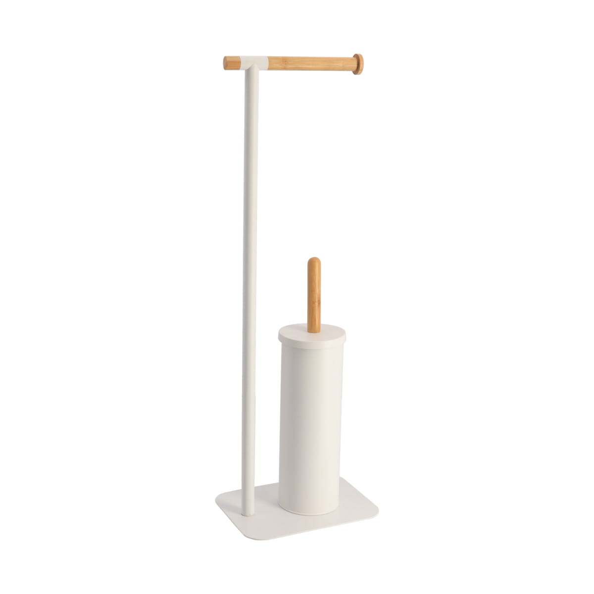 Metal and Bamboo Toilet Brush and Toilet Paper Dispenser – White/Natural