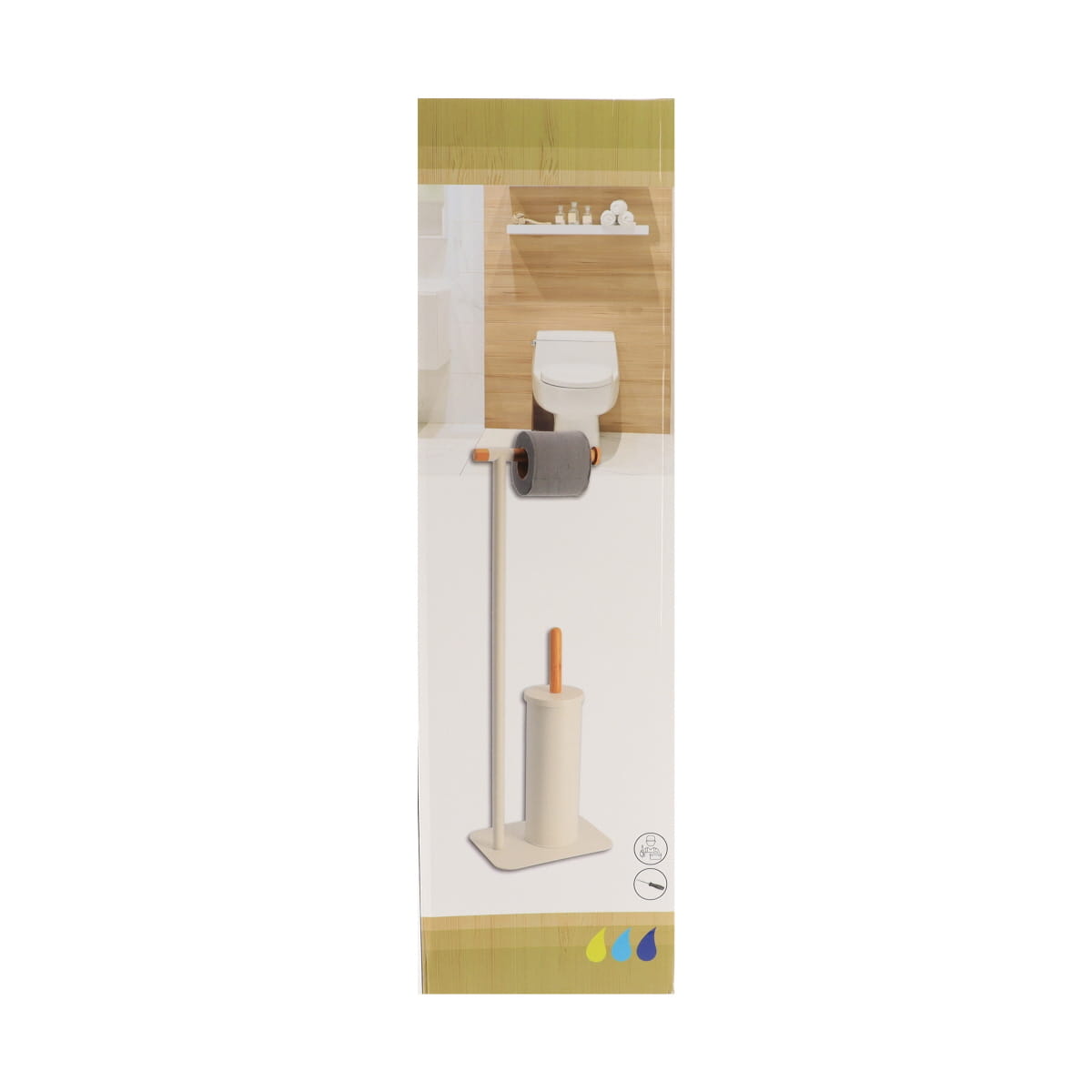 Metal and Bamboo Toilet Brush and Toilet Paper Dispenser – White/Natural
