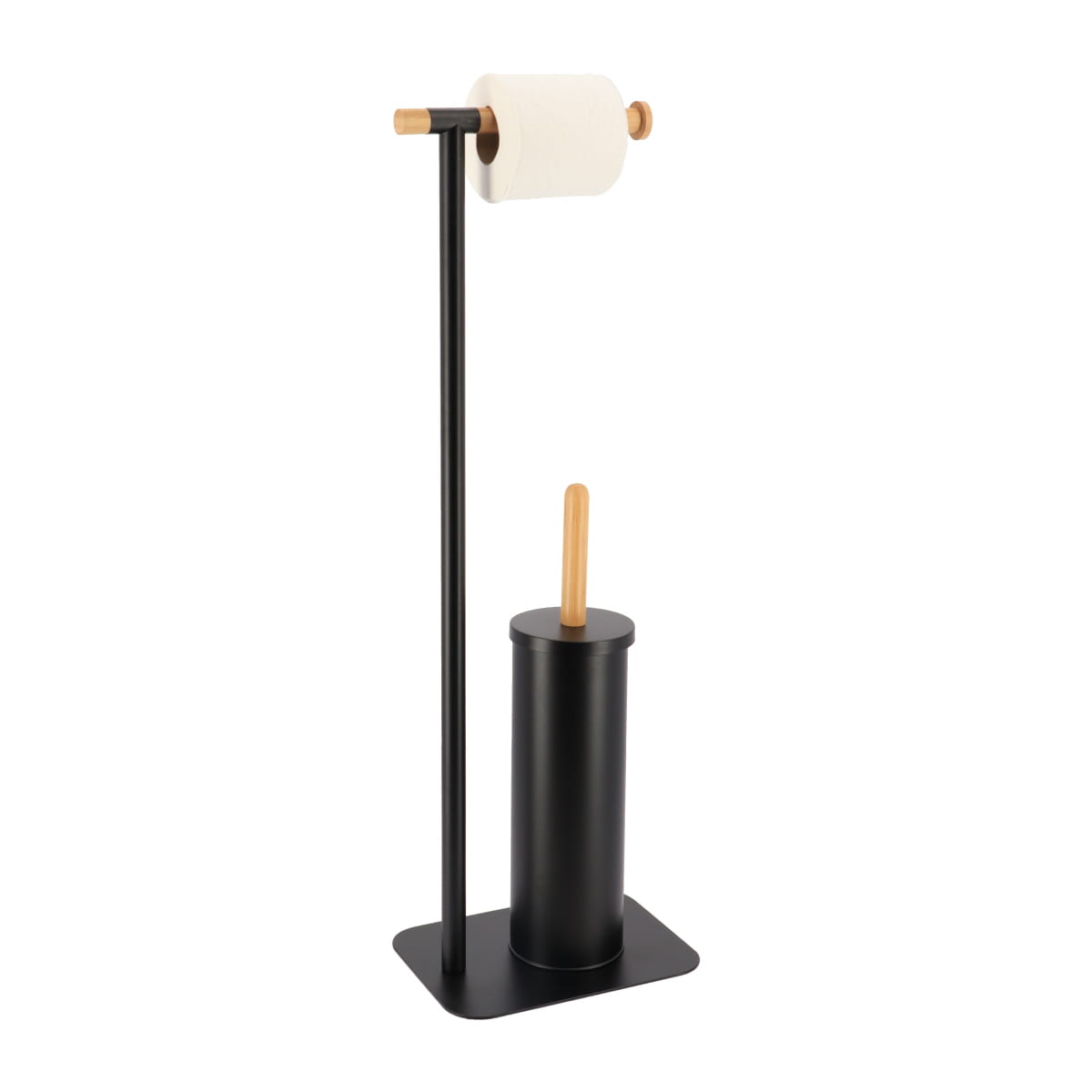 Metal and Bamboo Toilet Brush and Toilet Paper Dispenser – Black/Natural