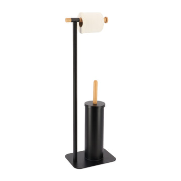 Metal and Bamboo Toilet Brush and Toilet Paper Dispenser – Black/Natural