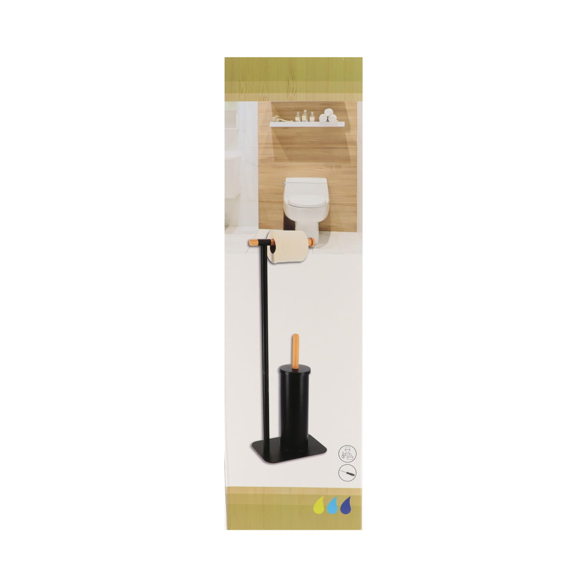 Metal and Bamboo Toilet Brush and Toilet Paper Dispenser – Black/Natural