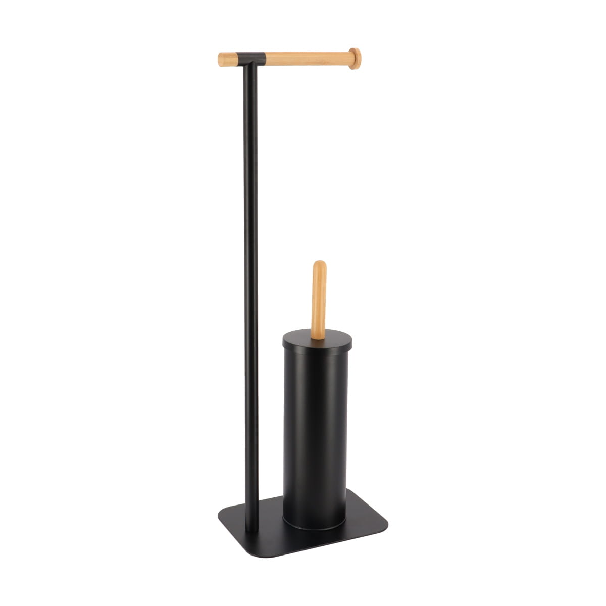 Metal and Bamboo Toilet Brush and Toilet Paper Dispenser – Black/Natural