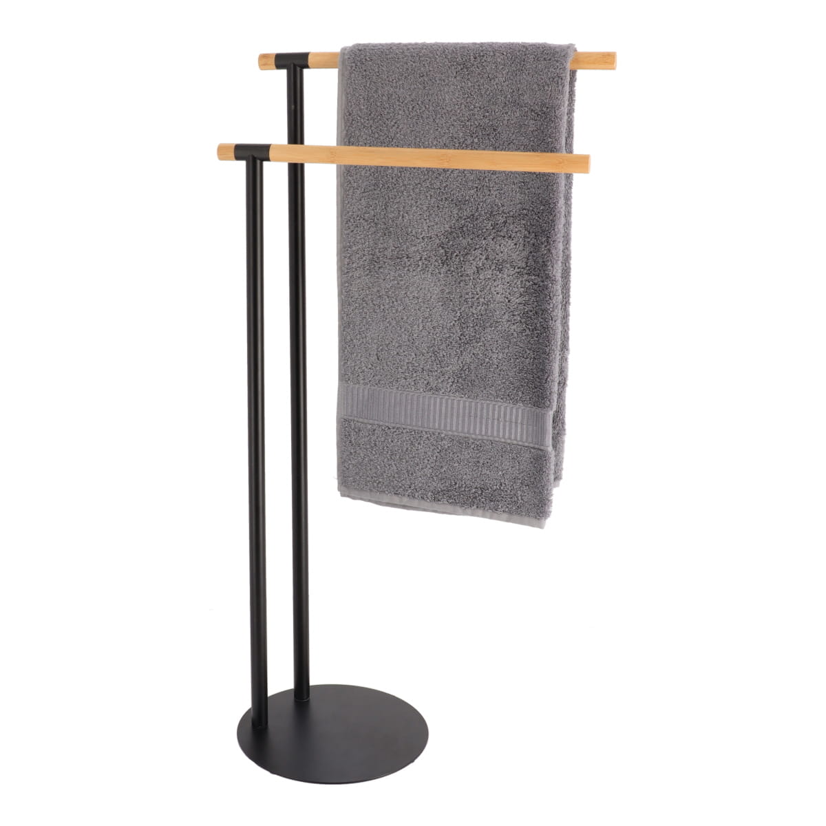 Metal towel rack with 2 bamboo bars - Black/Bamboo