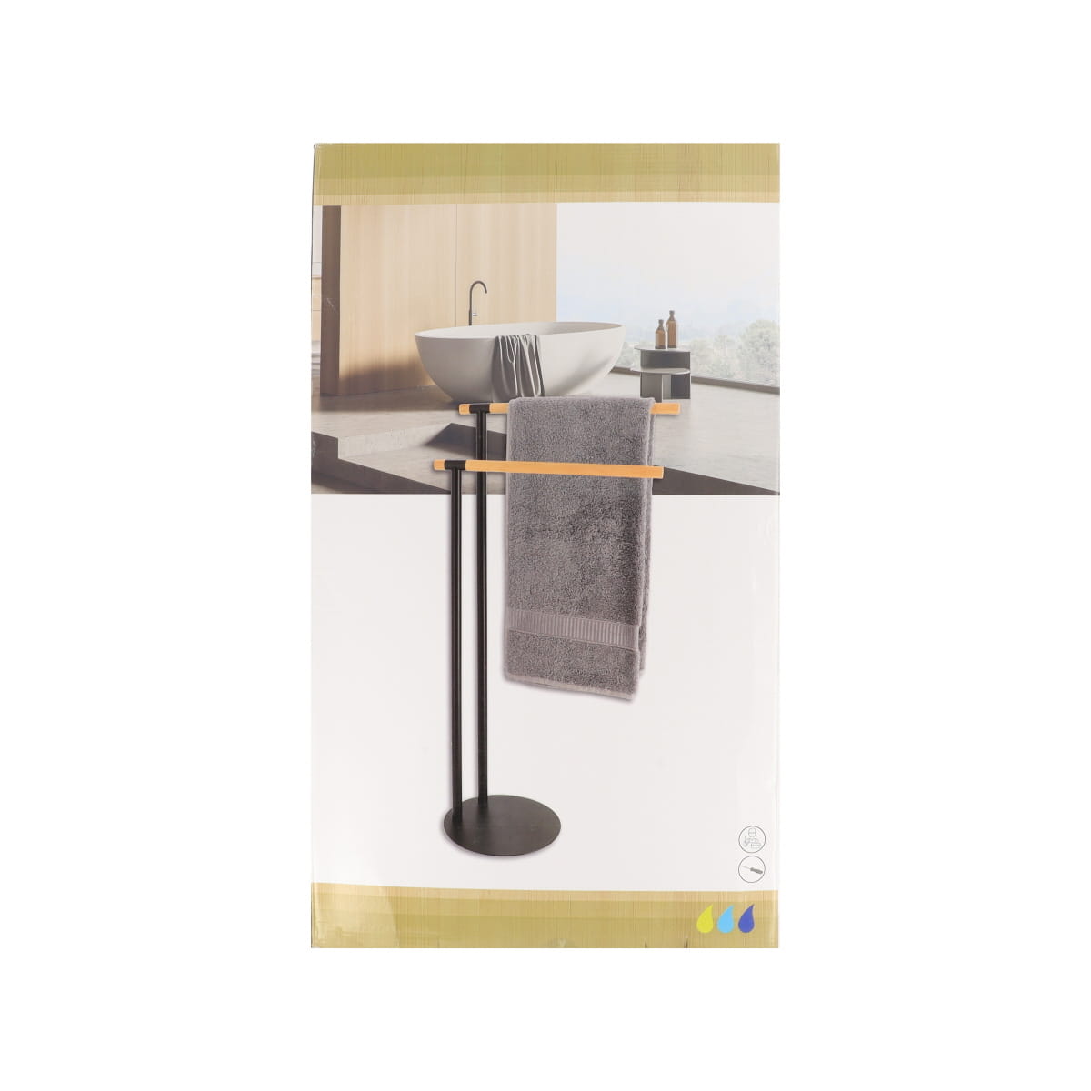 Metal towel rack with 2 bamboo bars - Black/Bamboo