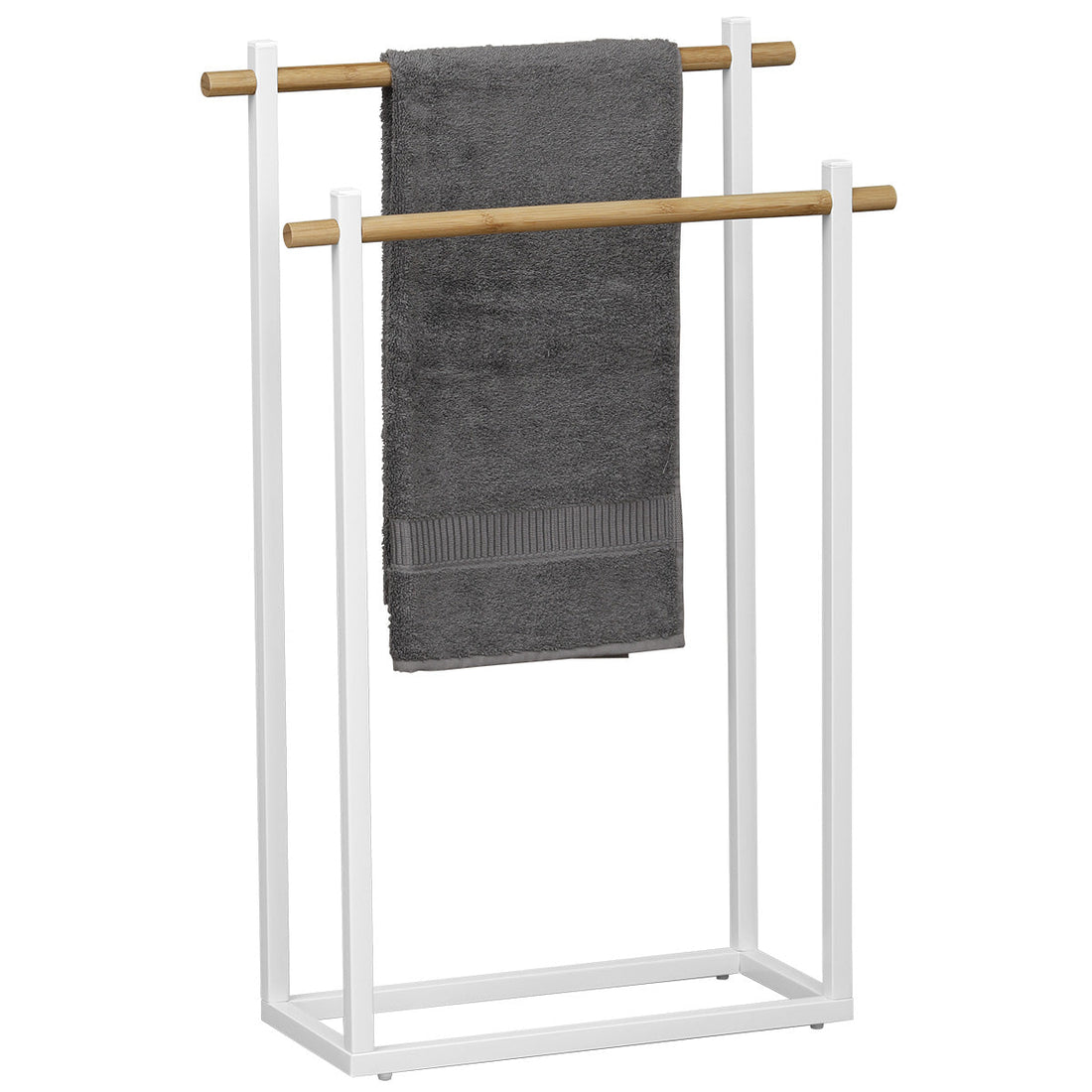 Rectangular metal towel rack with 2 bamboo bars - White/Bamboo