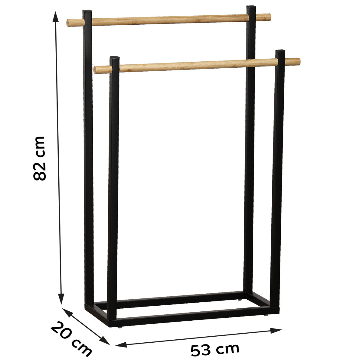 Rectangular metal towel rack with 2 bamboo bars - Black/Bamboo