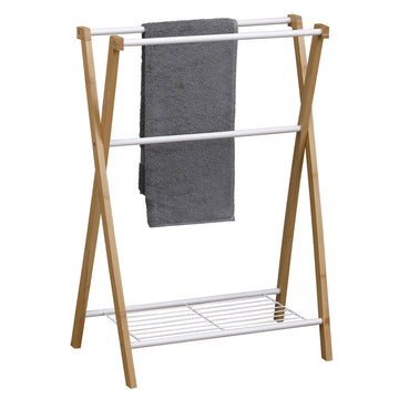 Bamboo and metal towel rack with 3 bars and 1 shelf - White/Bamboo 