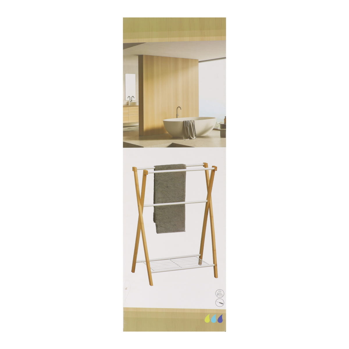 Bamboo and metal towel rack with 3 bars and 1 shelf - White/Bamboo 