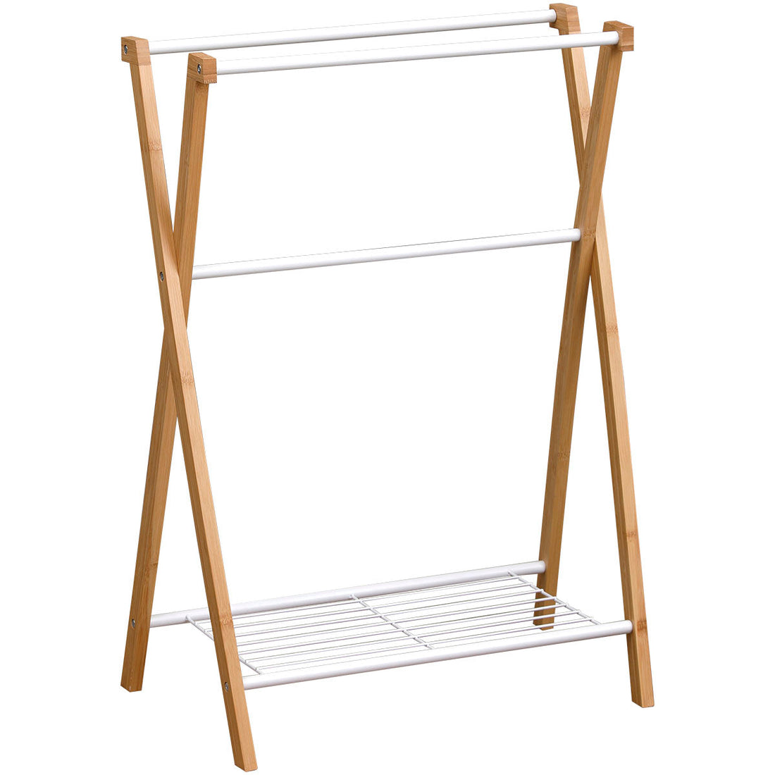 Bamboo and metal towel rack with 3 bars and 1 shelf - White/Bamboo 