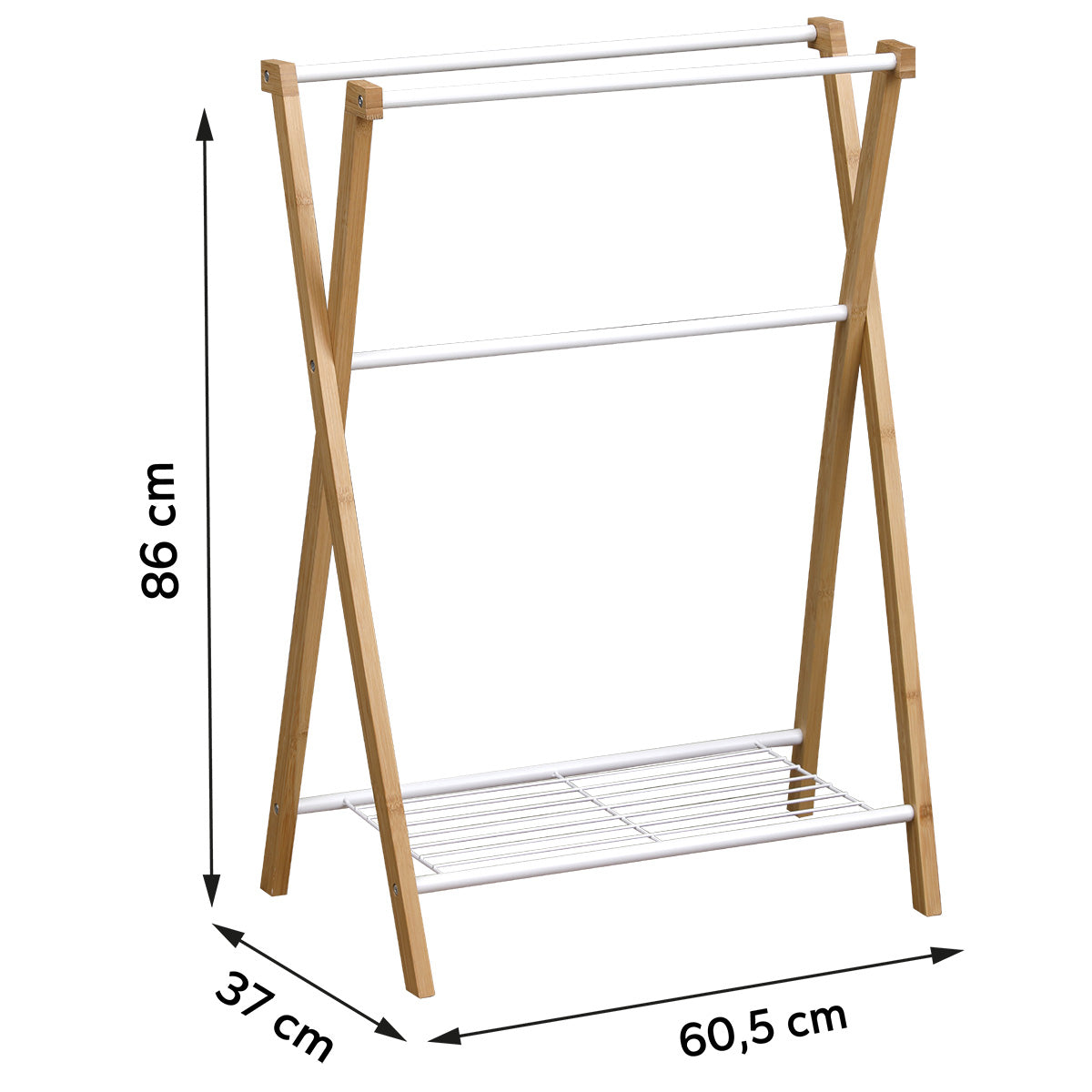 Bamboo and metal towel rack with 3 bars and 1 shelf - White/Bamboo 