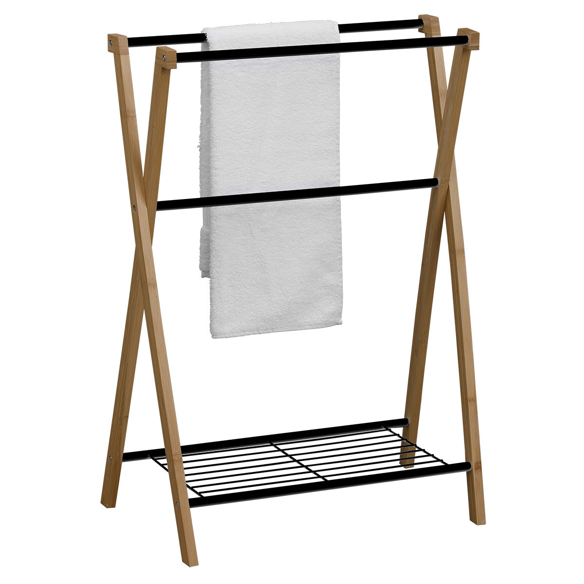 Bamboo and metal towel rack with 3 bars and 1 shelf - Black/Bamboo 