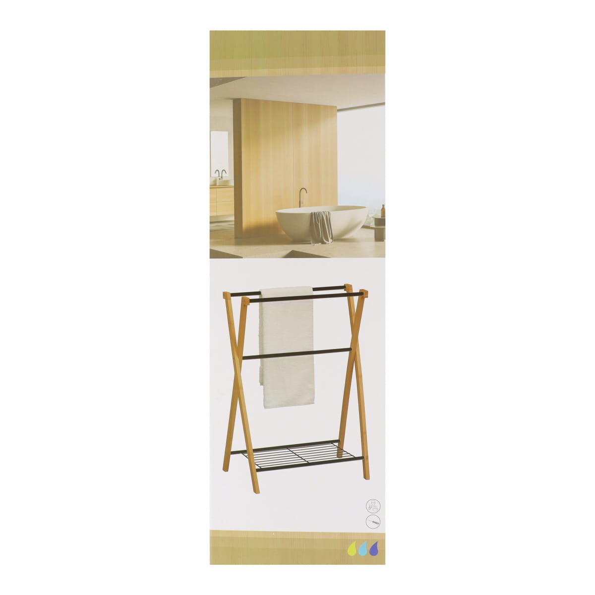 Bamboo and metal towel rack with 3 bars and 1 shelf - Black/Bamboo 