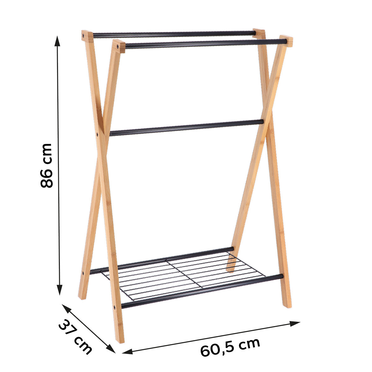 Bamboo and metal towel rack with 3 bars and 1 shelf - Black/Bamboo 