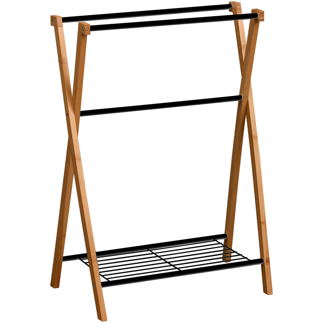 Bamboo and metal towel rack with 3 bars and 1 shelf - Black/Bamboo 
