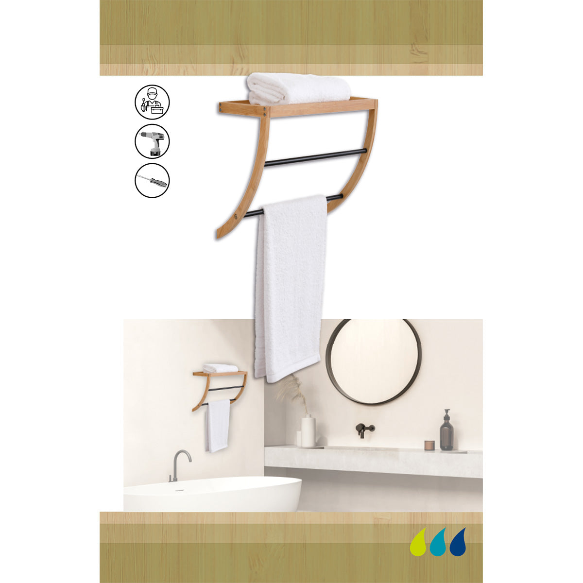 Bamboo Wall Mounted Shelf with 1 Shelf and 2 Stainless Steel Bars – Black/Natural 