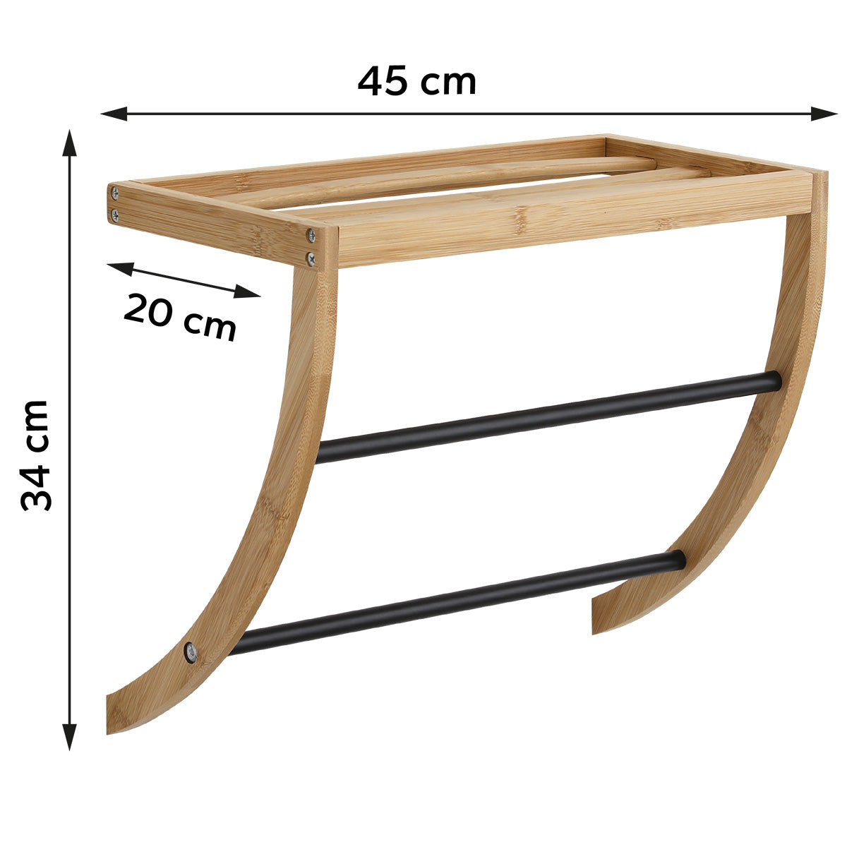 Bamboo Wall Mounted Shelf with 1 Shelf and 2 Stainless Steel Bars – Black/Natural 