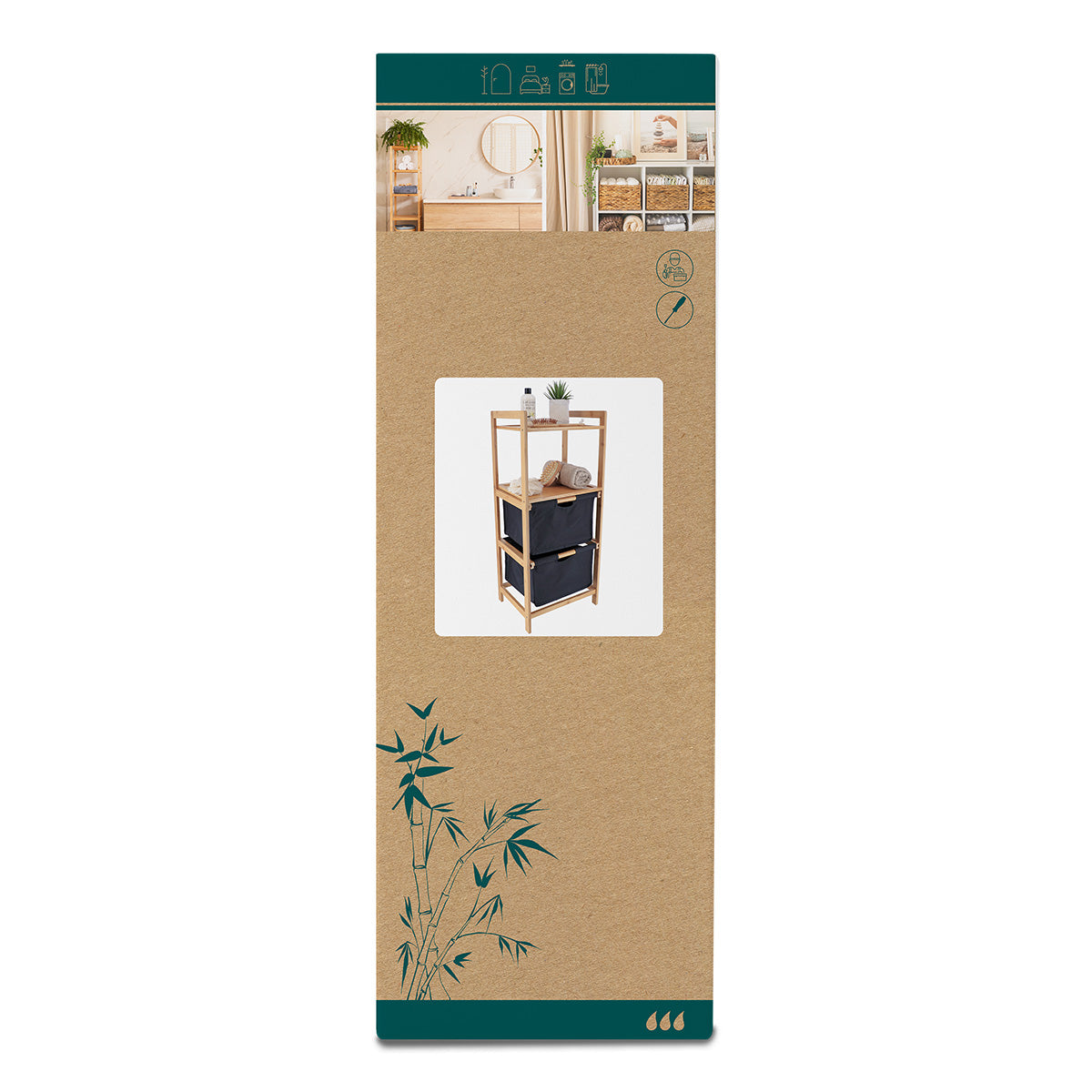 Bamboo furniture with 2 polyester baskets and shelves - Black/Bamboo