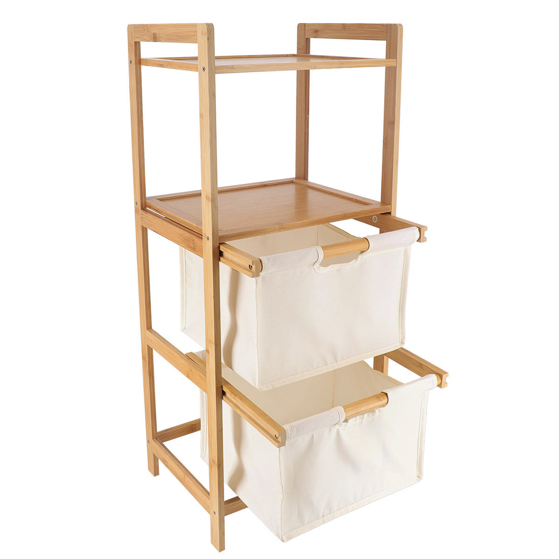 Bamboo furniture with 2 polyester baskets and shelves - White/Bamboo