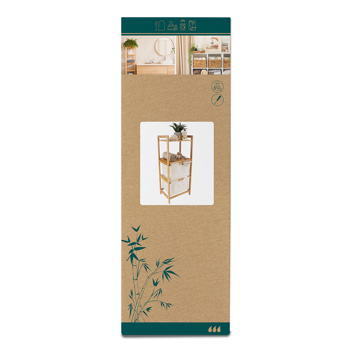 Bamboo furniture with 2 polyester baskets and shelves - White/Bamboo