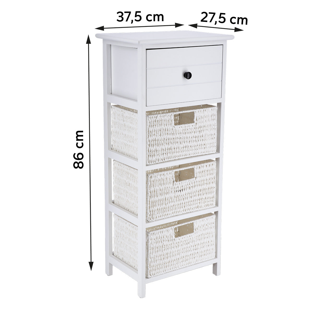 Paulownia/MDF Furniture with 1 Drawer, Black Knob and 3 Paper Baskets - White