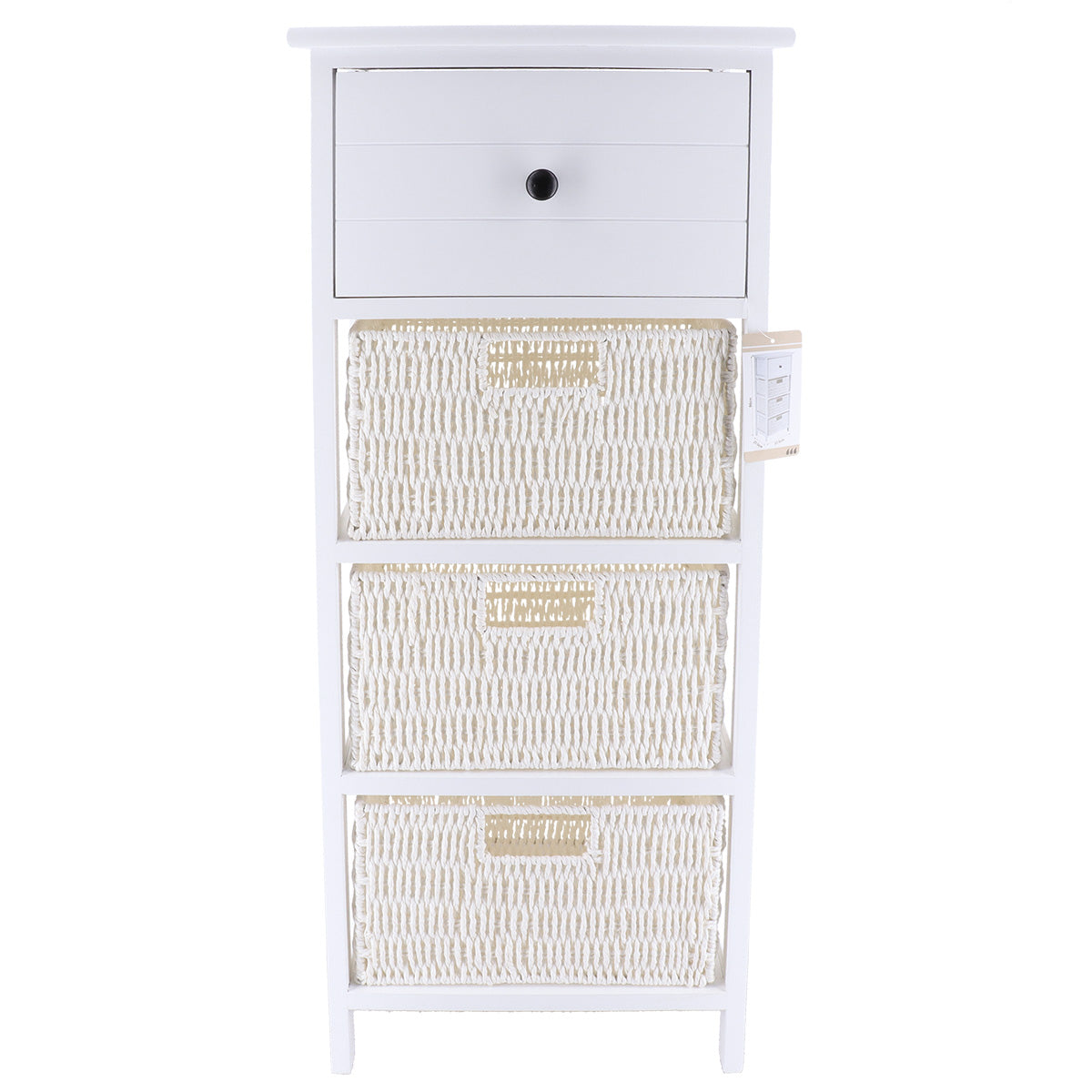 Paulownia/MDF Furniture with 1 Drawer, Black Knob and 3 Paper Baskets - White