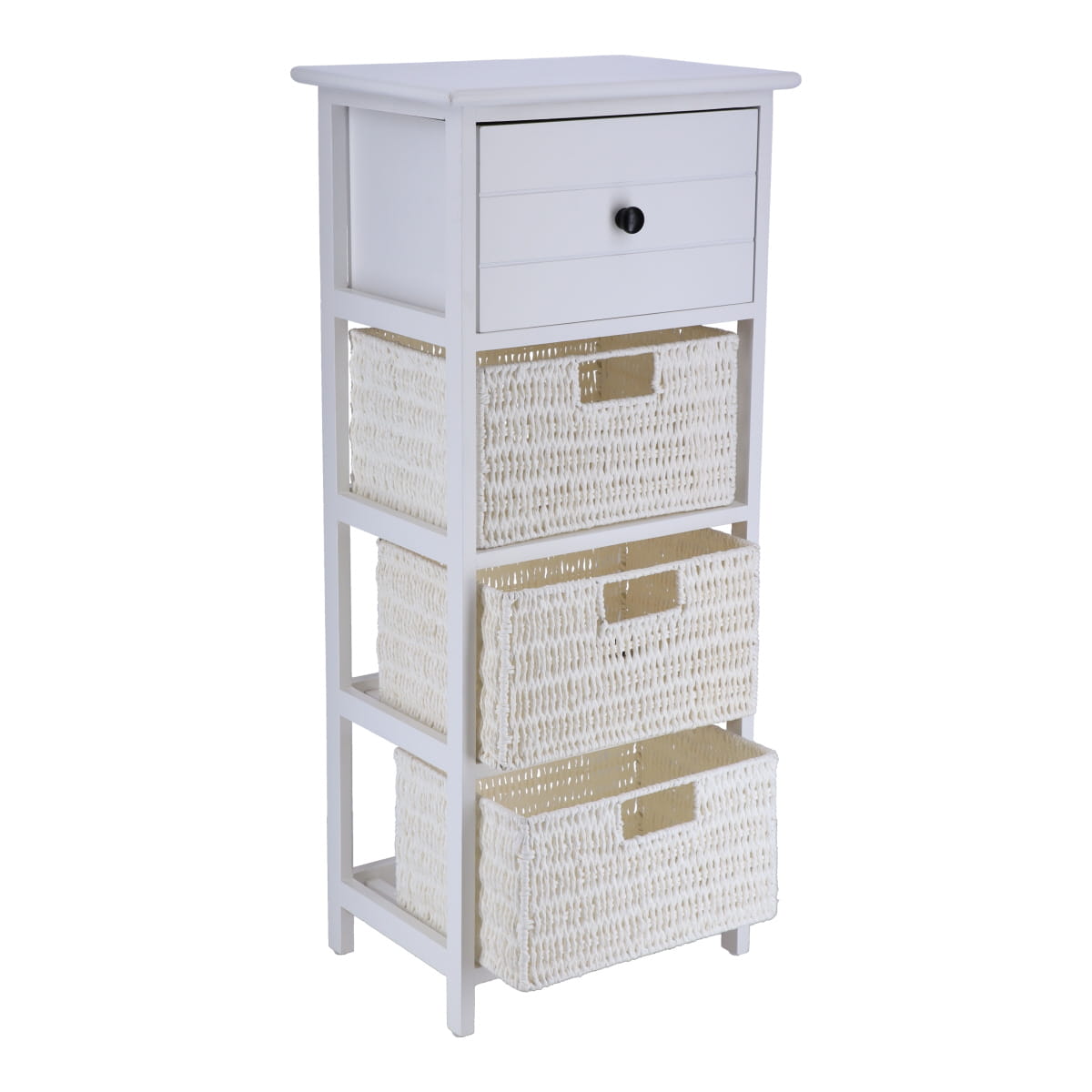 Paulownia/MDF Furniture with 1 Drawer, Black Knob and 3 Paper Baskets - White