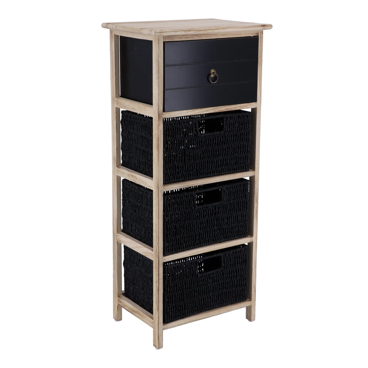 Paulownia/MDF Furniture with 1 Drawer, Black Knob and 3 Paper Baskets - Black/Natural