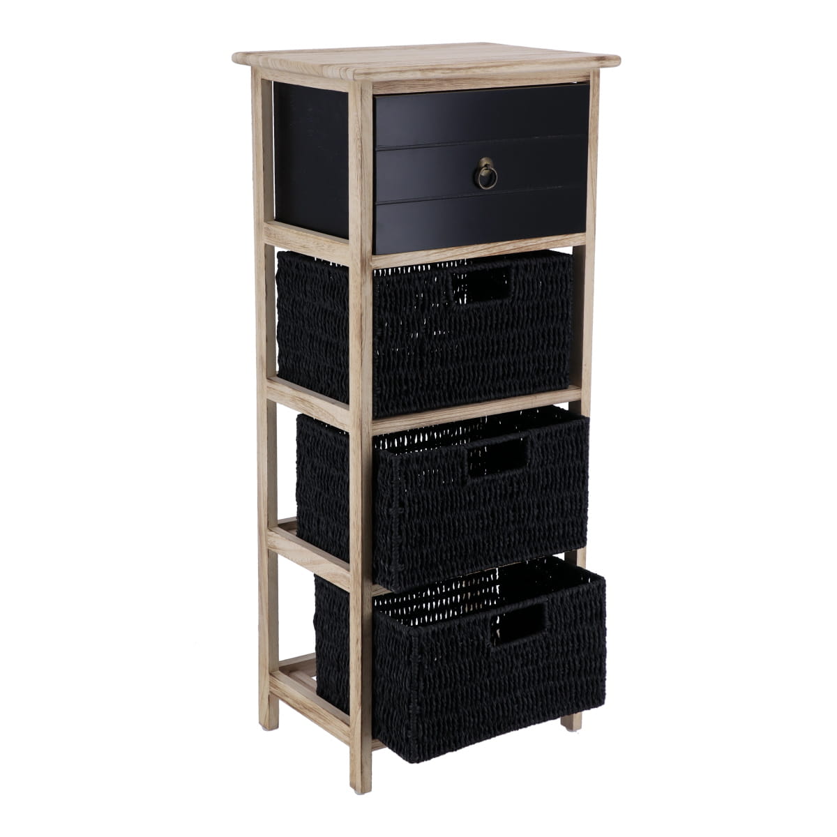 Paulownia/MDF Furniture with 1 Drawer, Black Knob and 3 Paper Baskets - Black/Natural