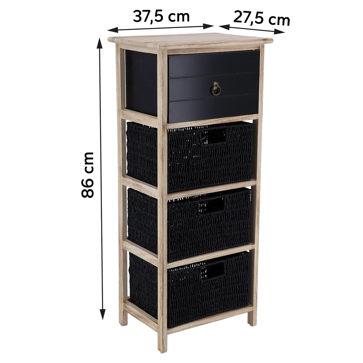 Paulownia/MDF Furniture with 1 Drawer, Black Knob and 3 Paper Baskets - Black/Natural