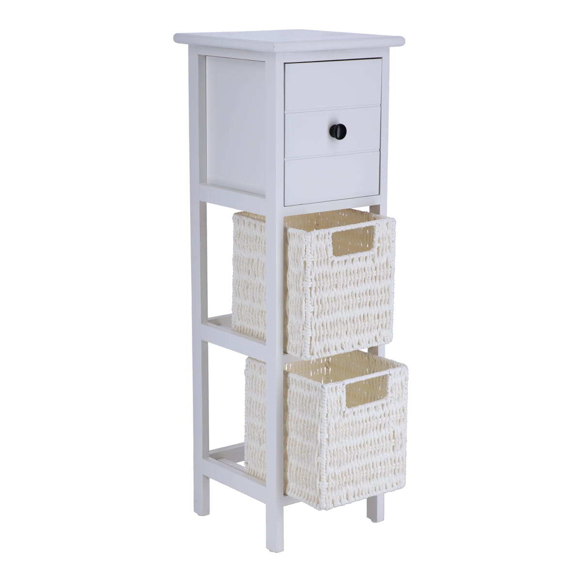 Paulownia/MDF Furniture with 1 Drawer, Black Knob and 2 Paper Baskets - White