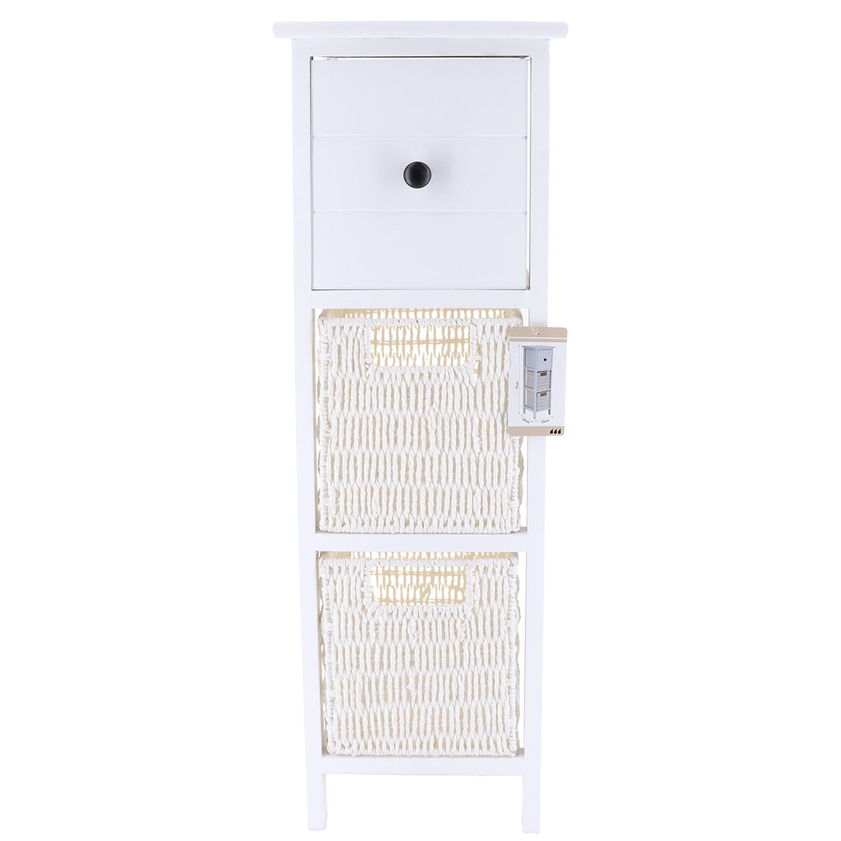 Paulownia/MDF Furniture with 1 Drawer, Black Knob and 2 Paper Baskets - White