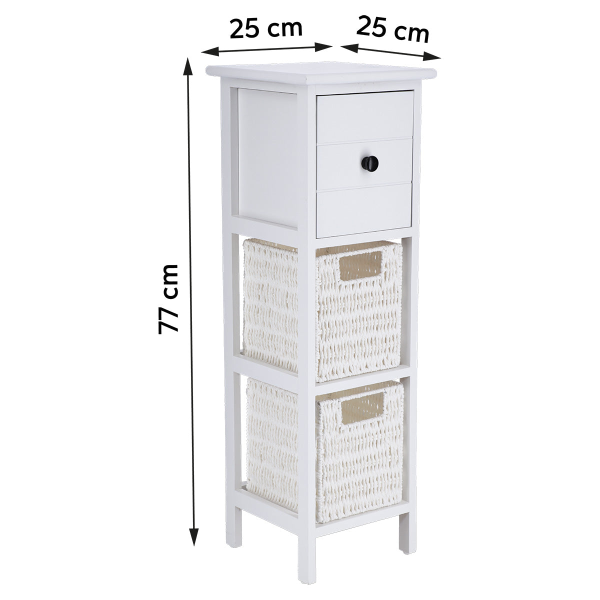 Paulownia/MDF Furniture with 1 Drawer, Black Knob and 2 Paper Baskets - White