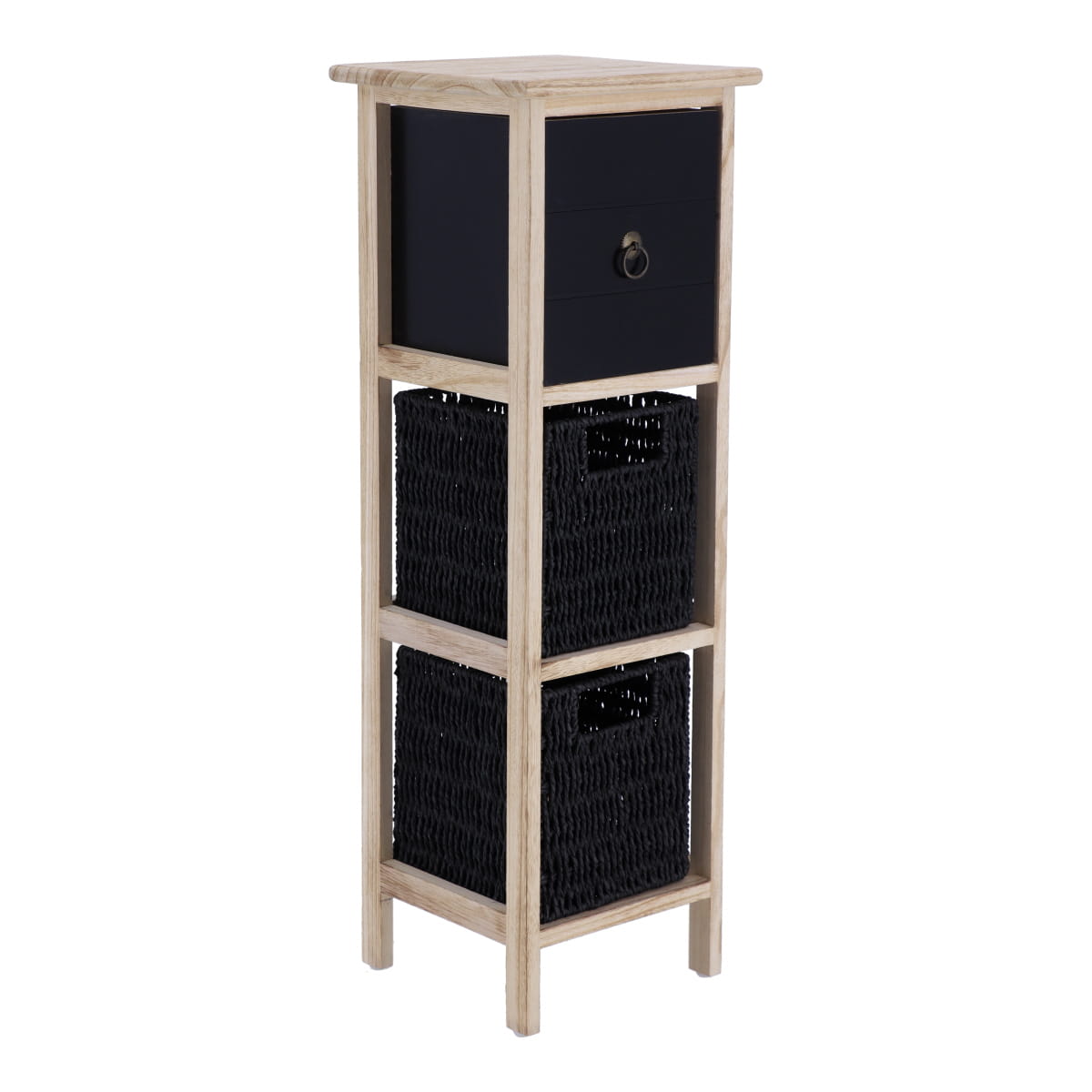 Paulownia/MDF Furniture with 1 Drawer, Black Knob and 2 Paper Baskets - Black/Natural
